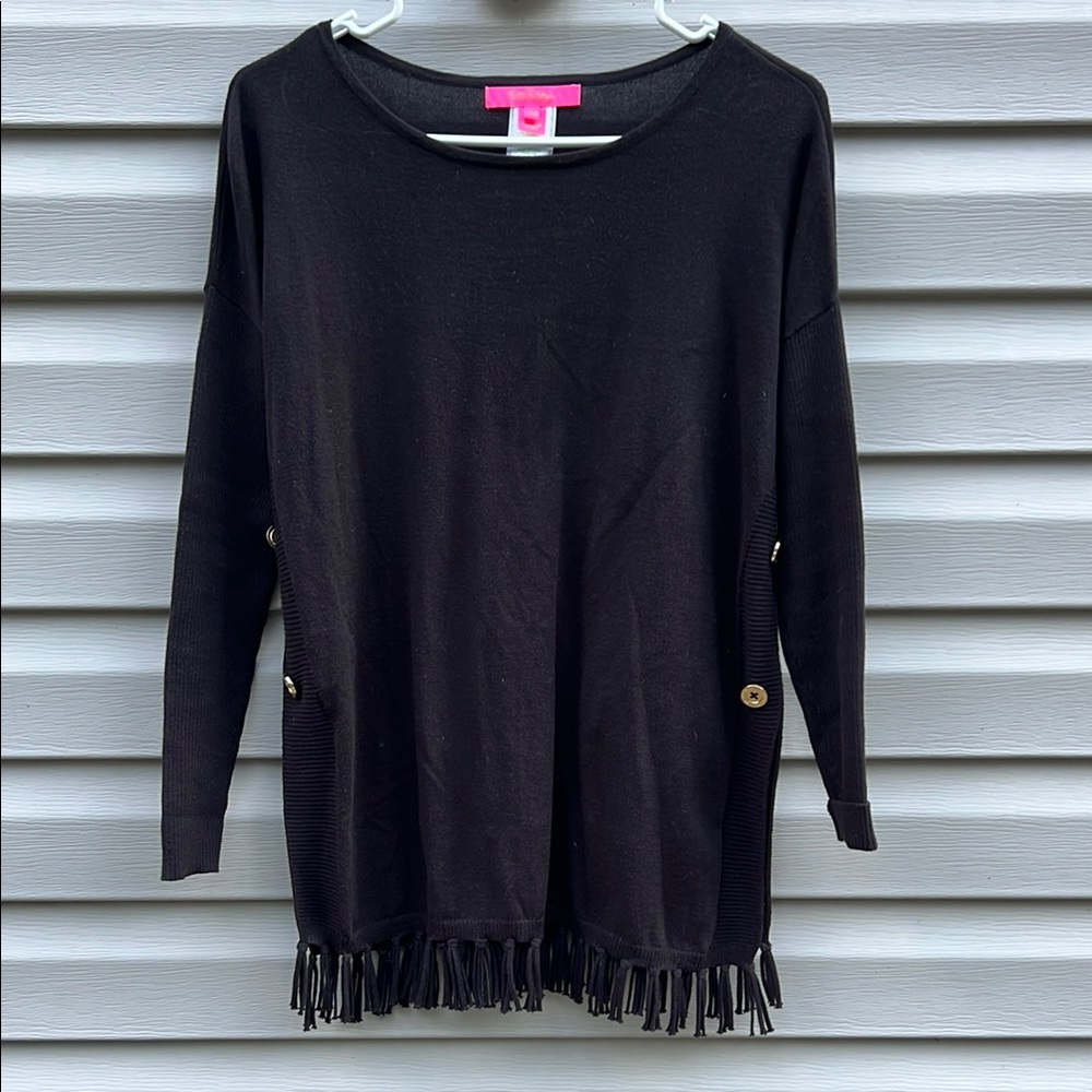 Lilly Pulitzer Ramona Fringe Black Sweater Gold Button Detail XXS 004530